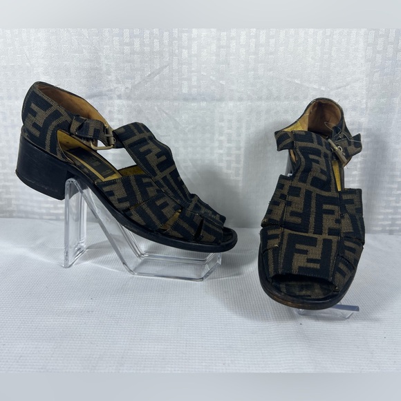Vintage Fendi Zucca Monogram Canvas Sandals – Block Heel – Brown/Black – 36.5 - Picture 1 of 9